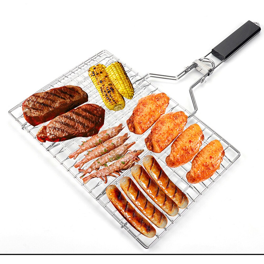 Outdoor folding barbecue net barbecue tool wooden handle stainless steel 430 grilled fish clip BBQ grilled net grilled fish net